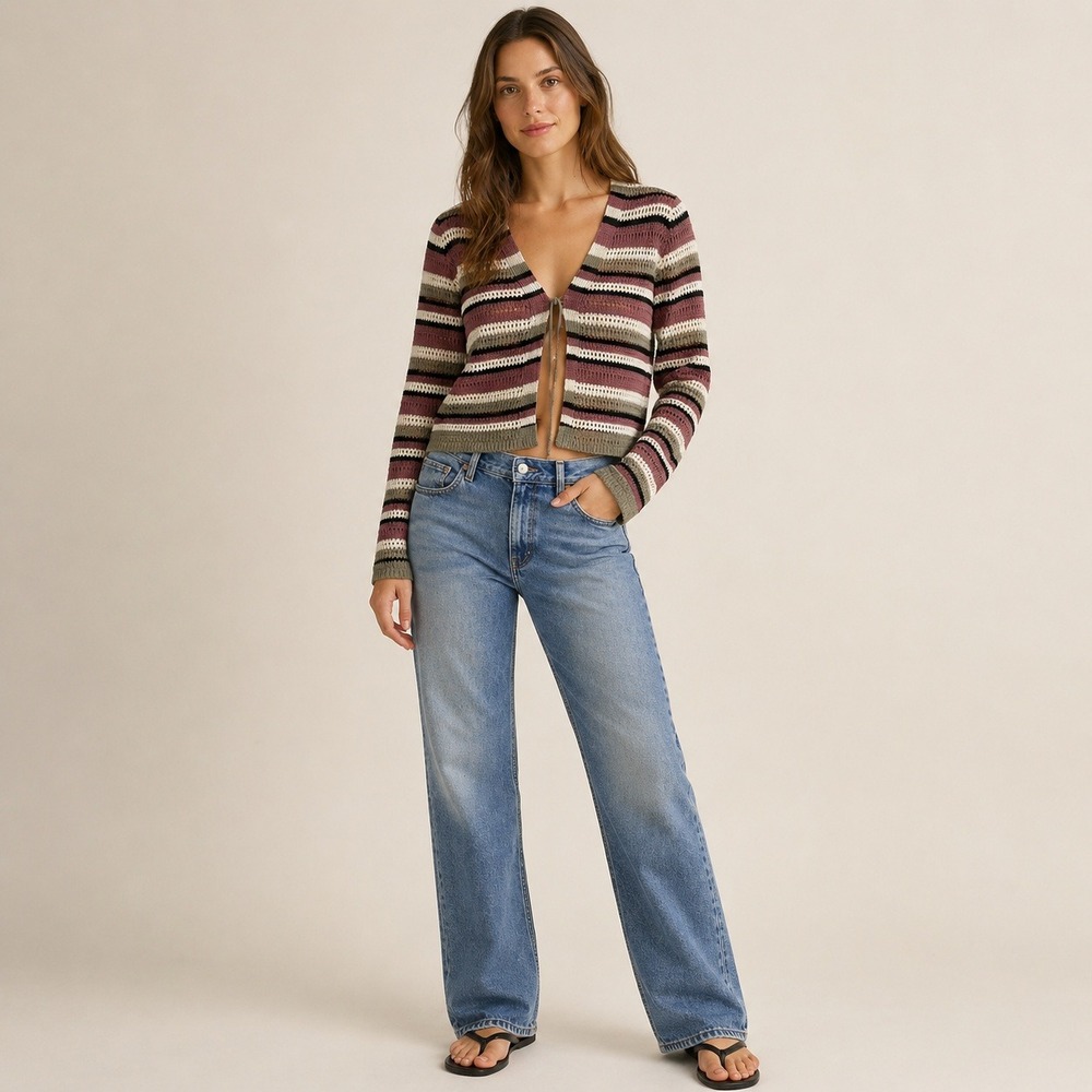 Full Tilt Striped Open Knit Cropped Cardigan Wrap Sweater Burgundy Tan Size M